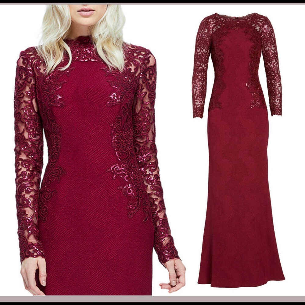 Tadashi Shoji Long Sleeve Burgundy Evening Gown